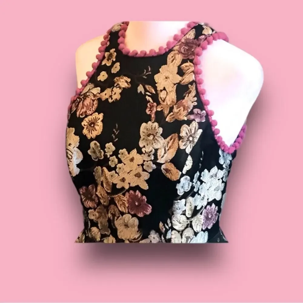 LAUNDRY black pink floral brocade Pom Pom trimmed Fit and Flare dress SZ 0 - Picture 5 of 11
